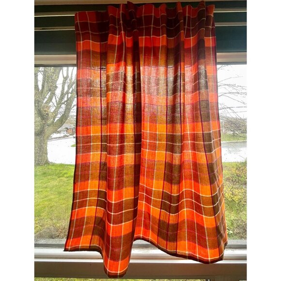 Vintage 70s pleated curtain, orange brown yellow purple plaid, single panel - Picture 2 of 10